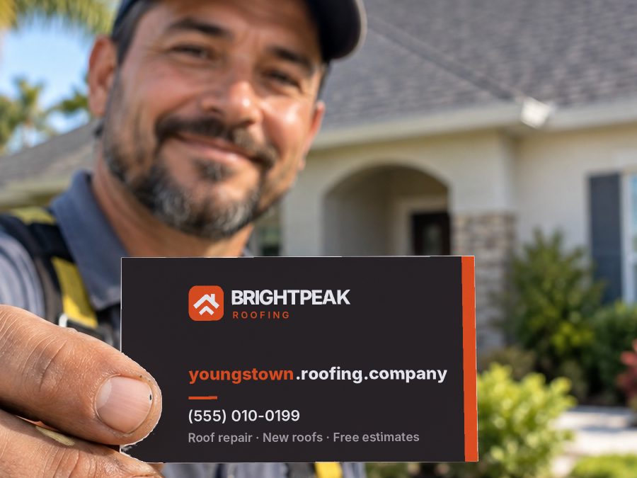 youngstown.roofing.company on a roofer's business card